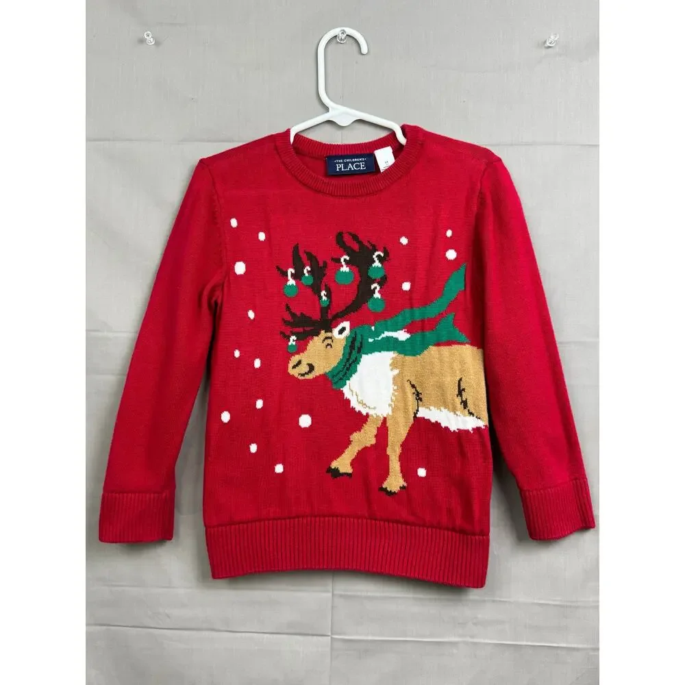 The Children's Place Toddler Boy Red Sweater with Reindeer & Ornaments, Size 3T